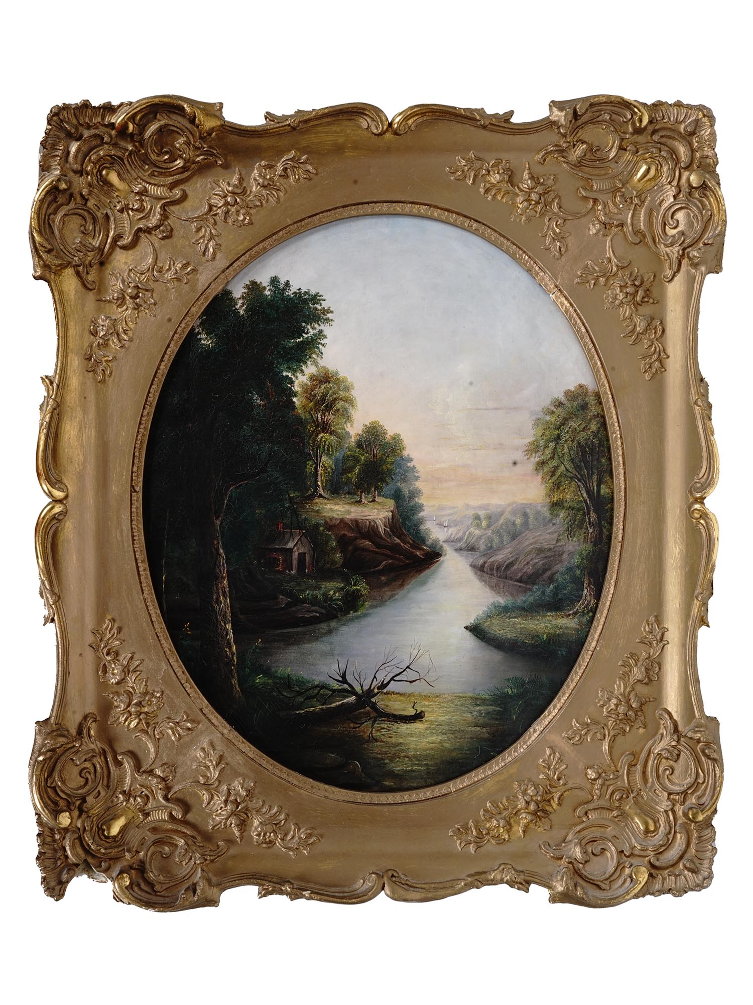 ANTIQUE AMERICAN SCHOOL LANDSCAPE PAINTING FRAMED PIC-0